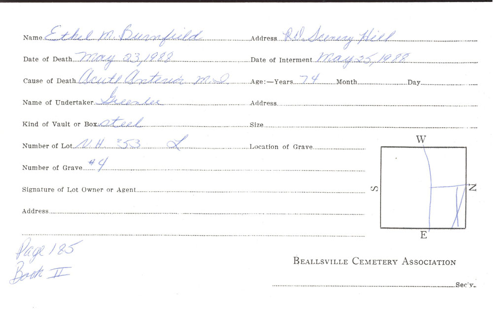 Ethel M. Burnfield burial card